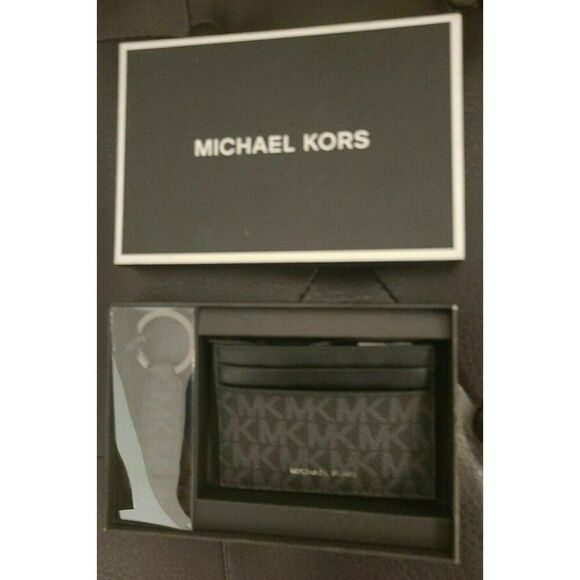 Michael Kors 86F1LGFD1B Men Front Pocket Wallet Black Logo Card Case Key Chain - Picture 2 of 6